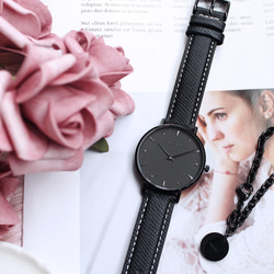 HOPE 系列花紋錶面簡約真皮錶帶手錶 / HO - 12402 黑色 第6張的照片