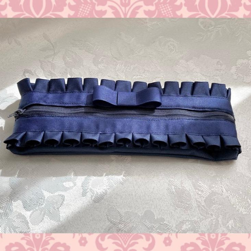 ペンケース小 紺フリル＆シングルリボン ナイロン ペンケース HANDMADE  