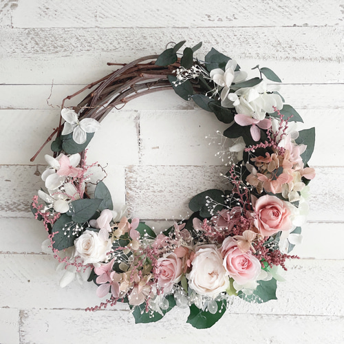 薔薇いっぱいのハーフリース＊淡ピンクのローズガーデンリース＊23  