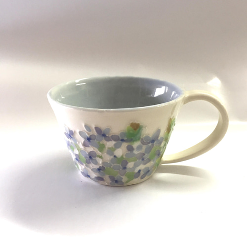 受注制作再々々販ブルーハンドメイド 紫陽花カップ マグカップ 陶芸