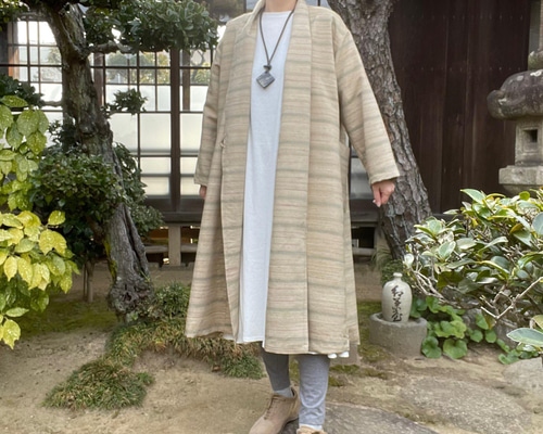 着物リメイク】手織りの羽織りコート/絹/後ろギャザー