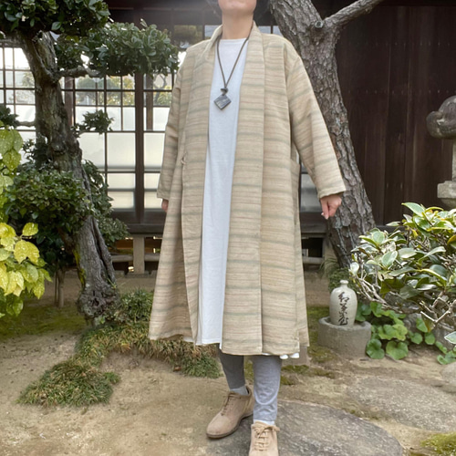 着物リメイク】手織りの羽織りコート/絹/後ろギャザー スプリング