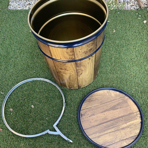 【２セット】　オープンペール缶 20L　キャンプ　薪入れ　テーブルチェア　焚火缶 オープンペール缶 20L リメイクウッド仕上げ 薪入れ テーブル