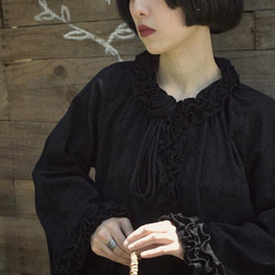 黑色 手工立體花小黑裙 復古少女日系寬鬆暗黑洋裝純棉提花連身裙 第7張的照片