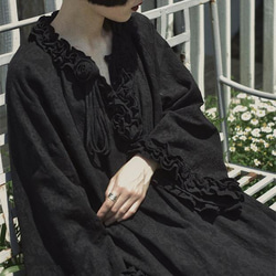 黑色 手工立體花小黑裙 復古少女日系寬鬆暗黑洋裝純棉提花連身裙 第1張的照片