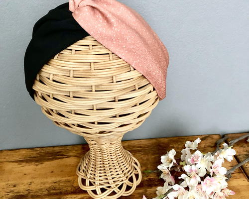着物のヘアターバン クロスタイプ 漆黒×寒桜 サスティナブル バイ