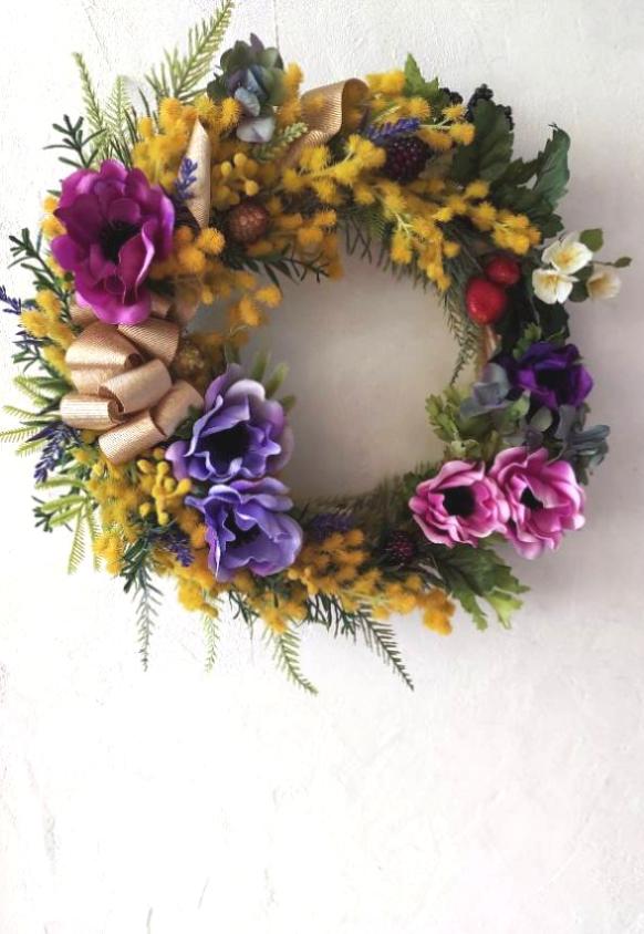 アナベルとルリタマアザミの夏色ハーフリース Spring 春ミモザとアナベルのハーフリース20〜25cm