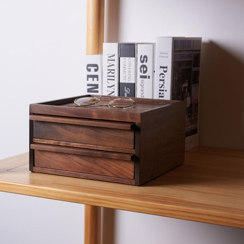 無垢材 卓上収納ケース 玄関用品 引き出し2段 リネンケース 小物入れ