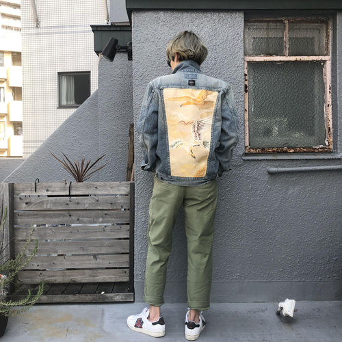 メンズMサイズ 鷹富士帯 リユース × used デニムジャケット リメイク 