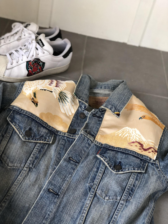 メンズMサイズ 鷹富士帯 リユース × used デニムジャケット リメイク 