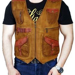 羊革パッチ付きコットンベスト Sleeveless Cotton Vest with Leather Patches 1枚目の画像