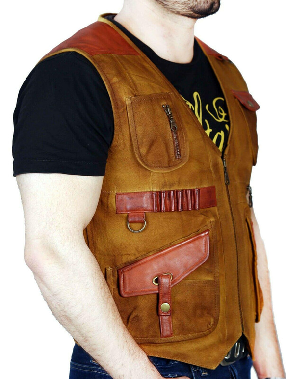 羊革パッチ付きコットンベスト Sleeveless Cotton Vest with Leather Patches 5枚目の画像