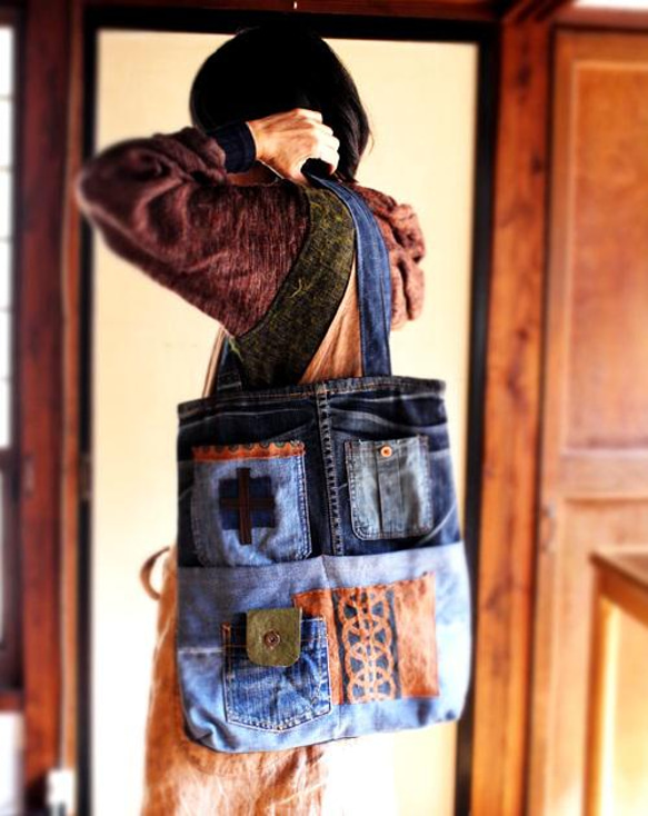○早割り価格○SAYOCAFE個性的デニムパッチワークバッグ