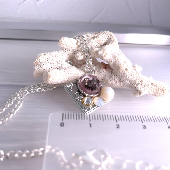 隕石★入り ビジューネックレス 薄墨桜色 天然パール 本真珠 オパール 7枚目の画像