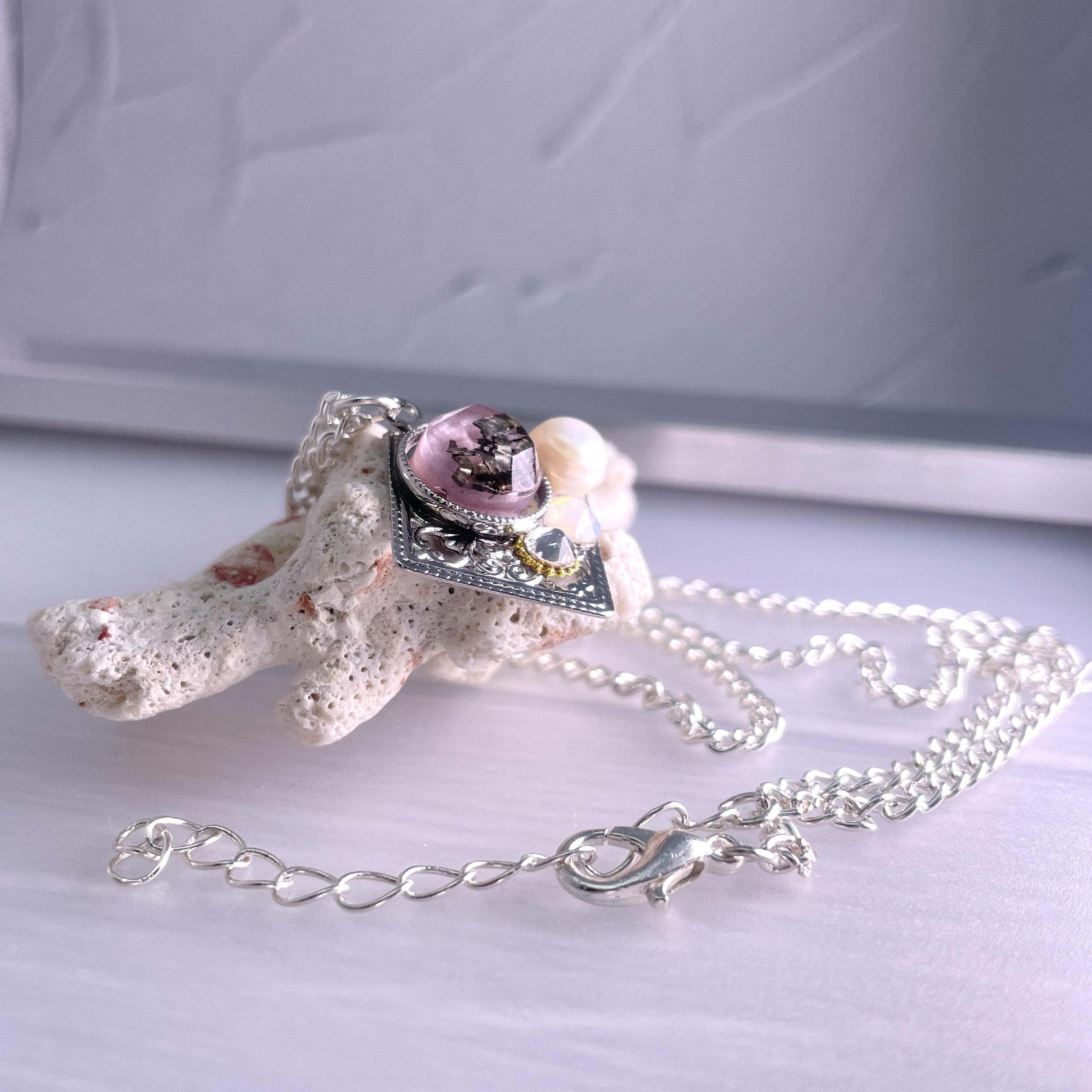 隕石★入り ビジューネックレス 薄墨桜色 天然パール 本真珠 オパール
