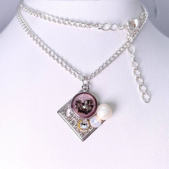 隕石★入り ビジューネックレス 薄墨桜色 天然パール 本真珠 オパール 10枚目の画像