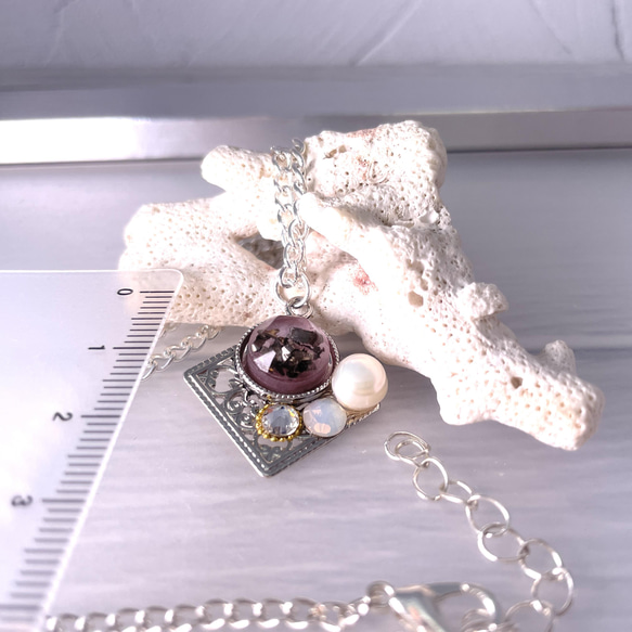 隕石★入り ビジューネックレス 薄墨桜色 天然パール 本真珠 オパール 9枚目の画像