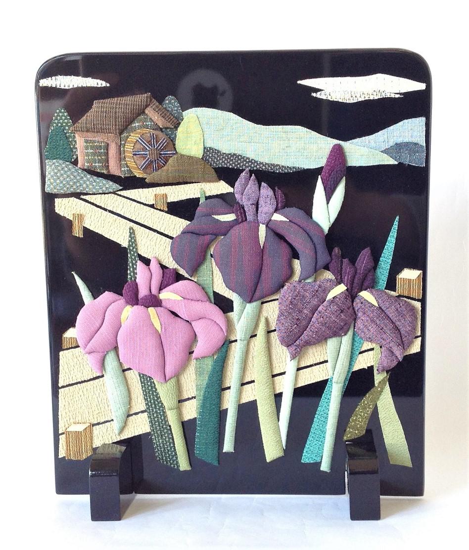 塩沢織押し絵衝立　彩花菖蒲