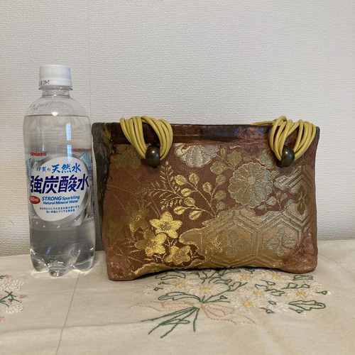 ◇送料込み◇一閑張り◇ 金糸の刺繍・帯布ミニかごバッグ かご