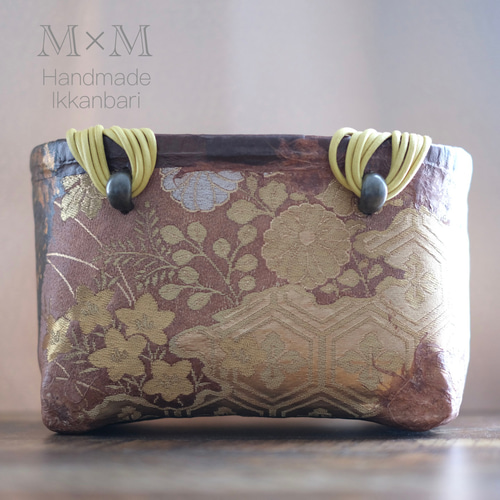 ◇送料込み◇一閑張り◇ 金糸の刺繍・帯布ミニかごバッグ かご