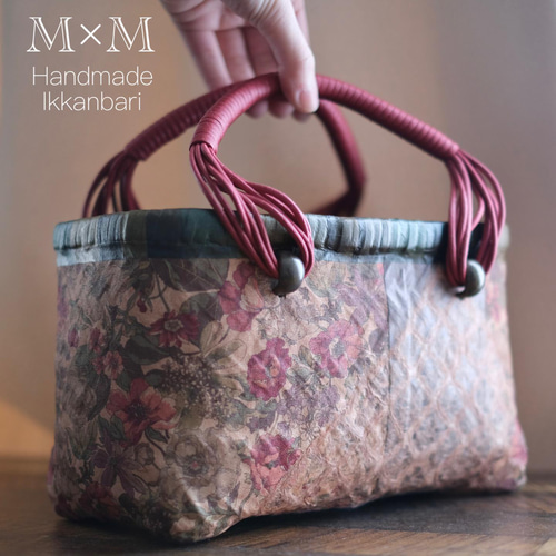 送料無料◇一閑張り◇赤系花柄ミニかごバッグ かごバッグ M×M