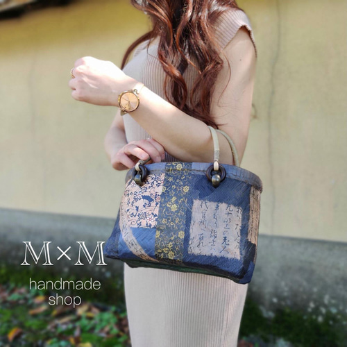 送料無料◇一閑張り◇赤系花柄ミニかごバッグ かごバッグ M×M