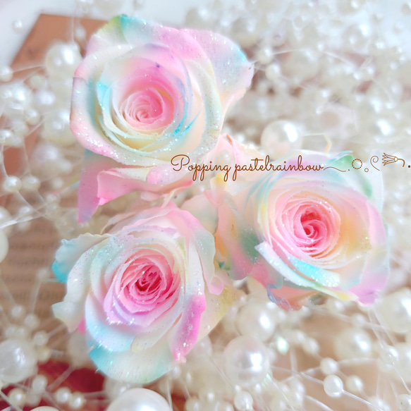 パステルマーブルレインボー*.❁2輪 ローズ 花材 プリザーブドフラワー