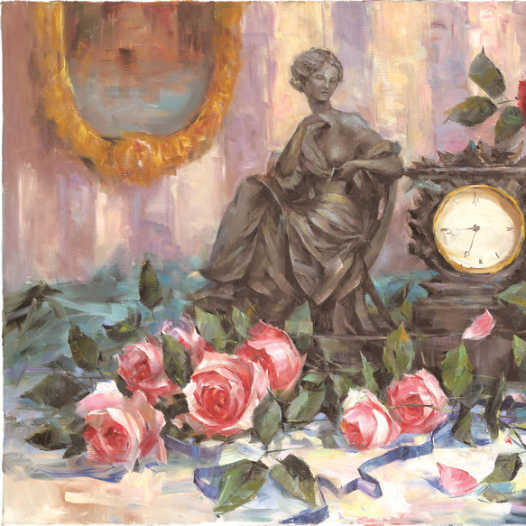 油絵 絵画 【薔薇時計】 油絵 絵画 【薔薇時計】