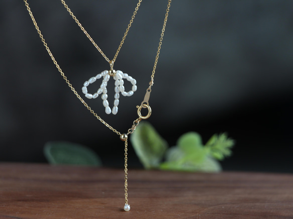 14kgf- pearl ribbon necklace(ajustable chain) 第11張的照片