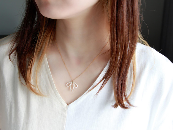 14kgf- pearl ribbon necklace(ajustable chain) 第7張的照片