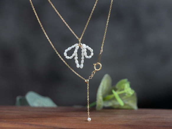 14kgf- pearl ribbon necklace(ajustable chain) 第2張的照片