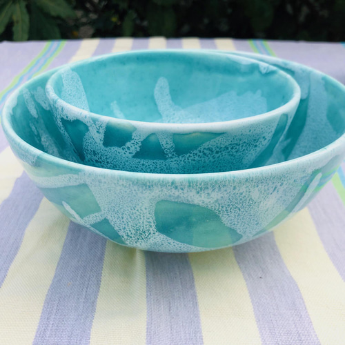 地中海陶器 ボウル 鉢 ホワイト＆アクアブルー 海のような色合いが