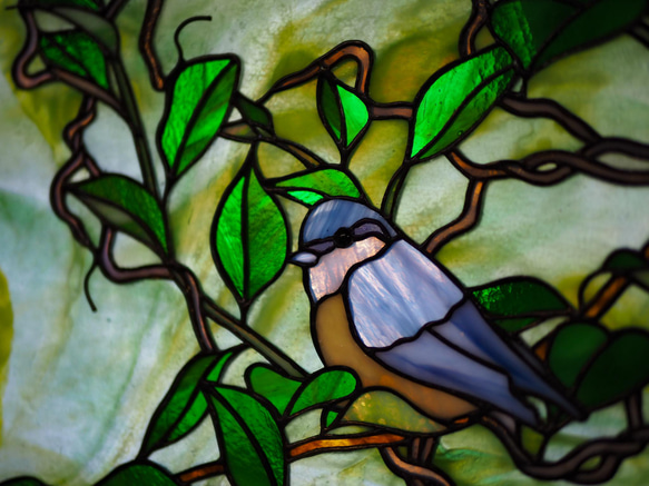 「静寂」ゴジュウカラ・ステンドグラス・鳥・パネル 6枚目の画像