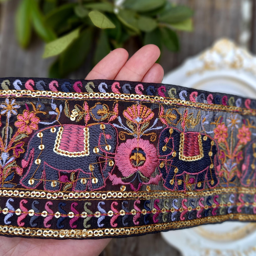 インド刺繍リボンno.141 (25cm・象・ゾウ・アニマル・オーガンジー 