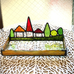赤い三角屋根のハウスの小物入れ　ステンドグラス　プレゼント　ペン皿 1枚目の画像