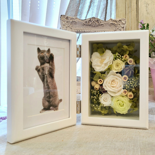 プリザーブドフラワーのフォトフレーム (グリーン&ホワイト) フォト