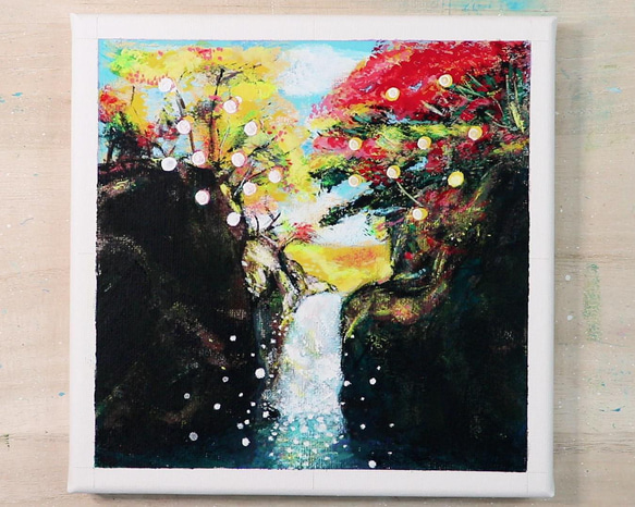 紅葉と滝／アクリル画　キャンバス　原画　Ｓ0号　もみじ狩り　小さな滝　水しぶき 3枚目の画像