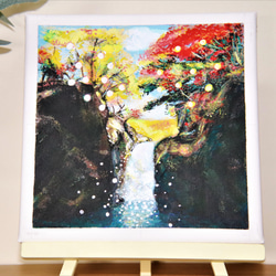 紅葉と滝／アクリル画　キャンバス　原画　Ｓ0号　もみじ狩り　小さな滝　水しぶき 2枚目の画像