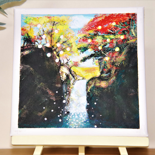 紅葉と滝／アクリル画 キャンバス 原画 S0号 もみじ狩り 小さな