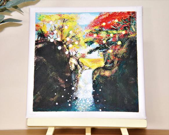 紅葉と滝／アクリル画　キャンバス　原画　Ｓ0号　もみじ狩り　小さな滝　水しぶき 2枚目の画像