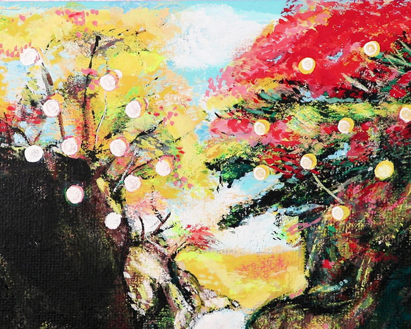 紅葉と滝／アクリル画　キャンバス　原画　Ｓ0号　もみじ狩り　小さな滝　水しぶき 6枚目の画像