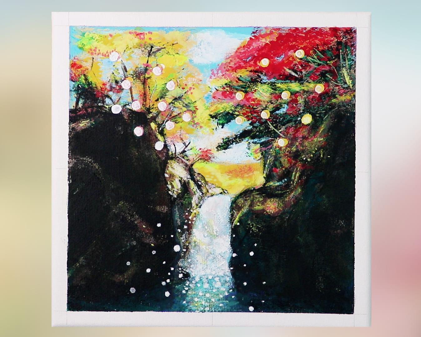 超美品！値下げ交渉あり。金箔でもみじ（紅葉）アクリル画　絵画 アクリル絵の具で「紅葉の風景」を描いてみた｜junya_art