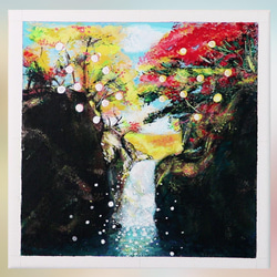 紅葉と滝／アクリル画　キャンバス　原画　Ｓ0号　もみじ狩り　小さな滝　水しぶき 1枚目の画像