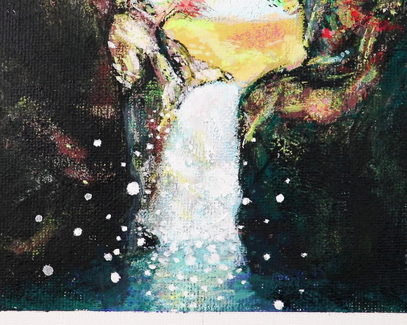 紅葉と滝／アクリル画　キャンバス　原画　Ｓ0号　もみじ狩り　小さな滝　水しぶき 4枚目の画像