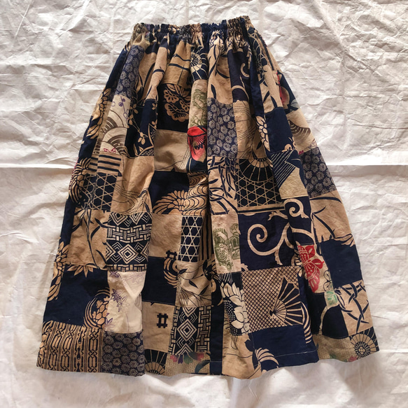 柿渋染め 浴衣地リメイク パッチワーク ギャザースカート ロング