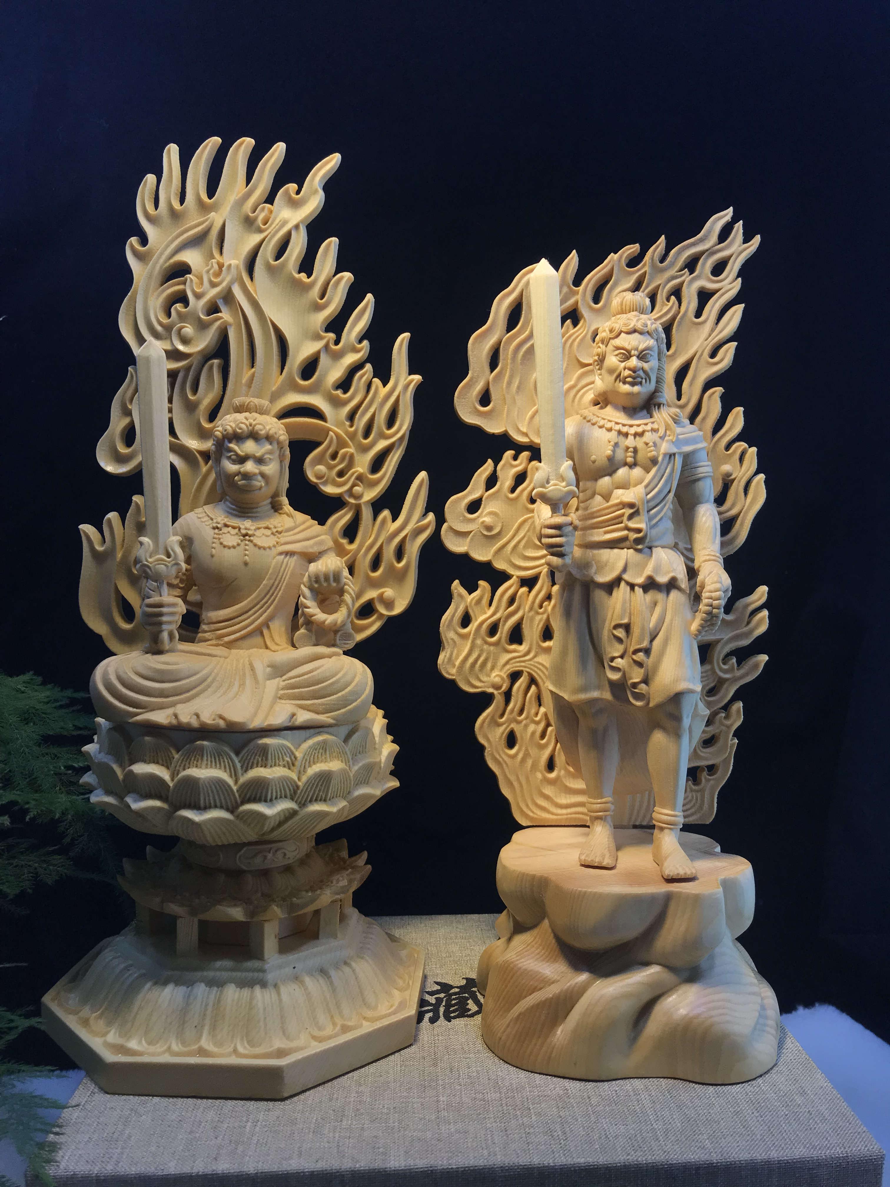2点同出 不動明王 不動尊 極上品 置物 火炎光背 木彫仏像 稀少