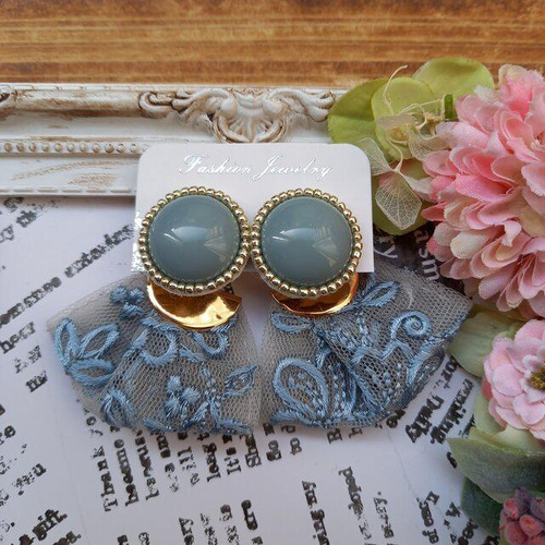 インド刺繍リボン 2way ピアス/イヤリング ブルー ビーズ刺繍