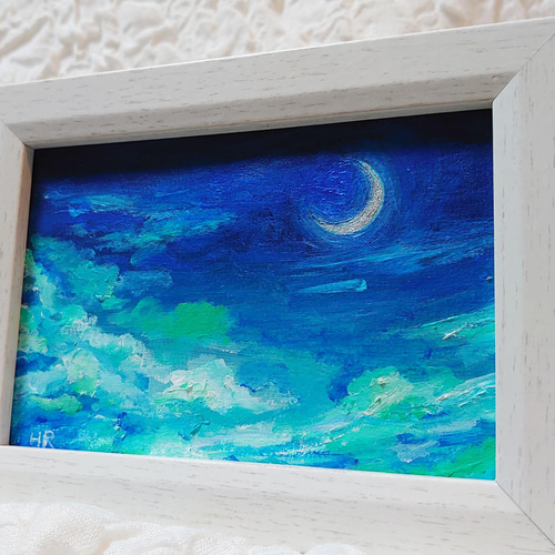 額付き油彩画　冬の三日月 油絵 油彩 油彩画 絵 絵画 【オレンジ色の満月と輝く海】 絵画