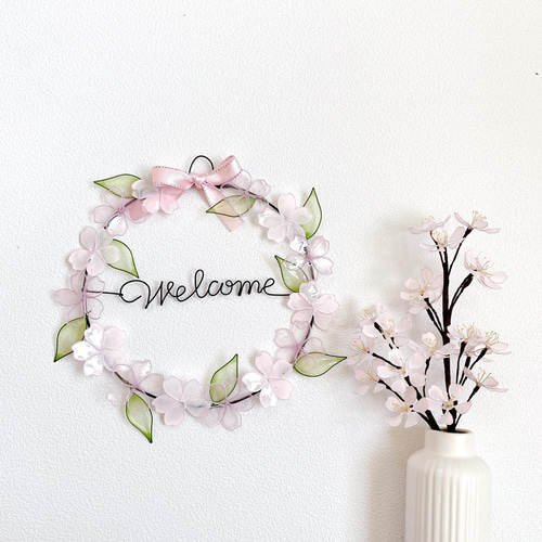 桜のwelcomeリース ディップフラワー ワイヤークラフト リース