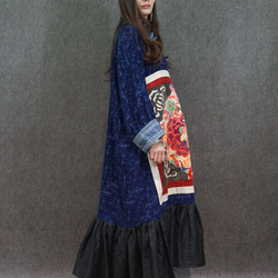 ミァオ族手作りのアンティーク刺繍付きマキシドレス マキシ丈ワンピース 上品でユニーク 一点物 デザイナーズドレス#106 5枚目の画像